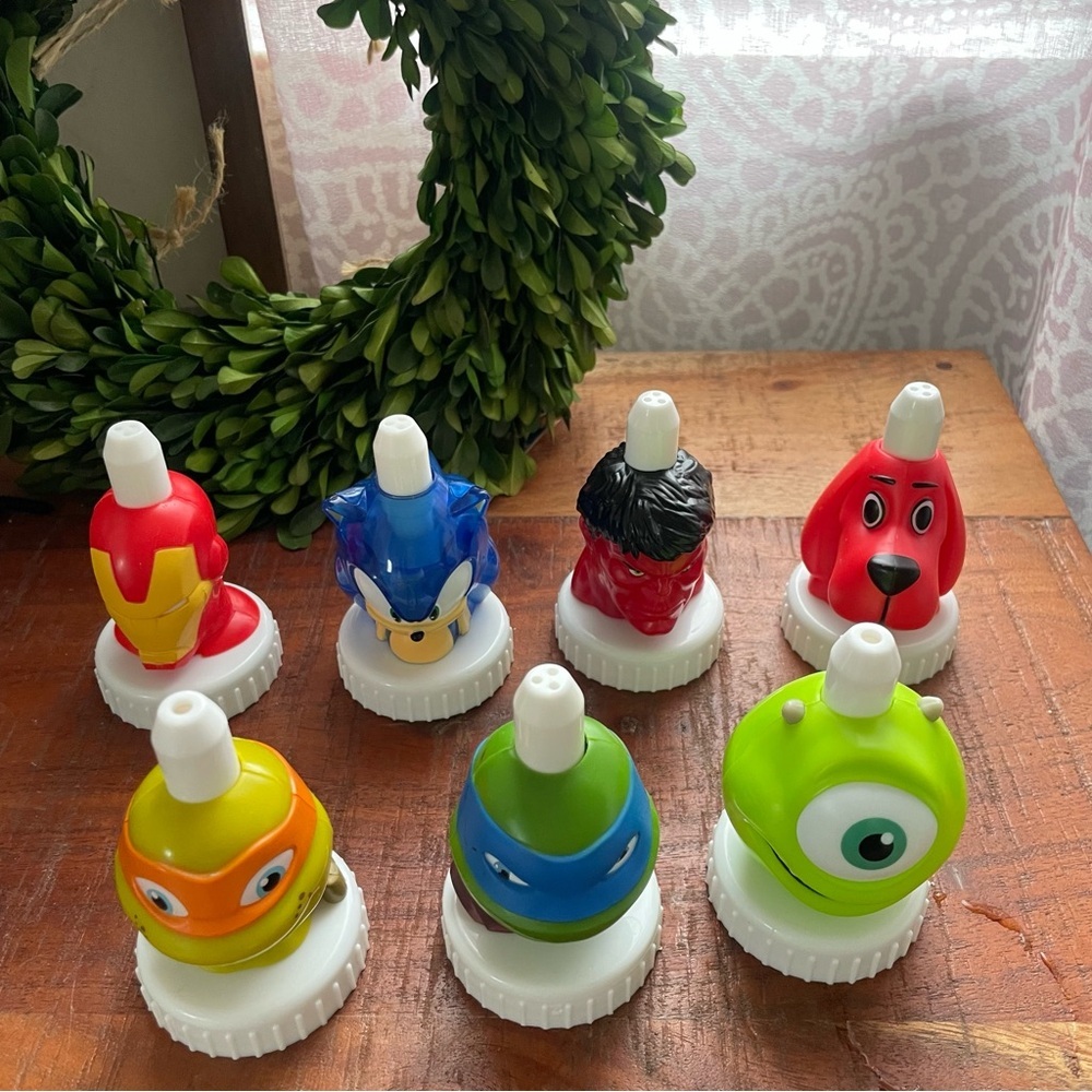 Good 2 Grow Juice Bottle Topper Ninja Turtle, Sonic Clifford, Monsters Inc LOT 7